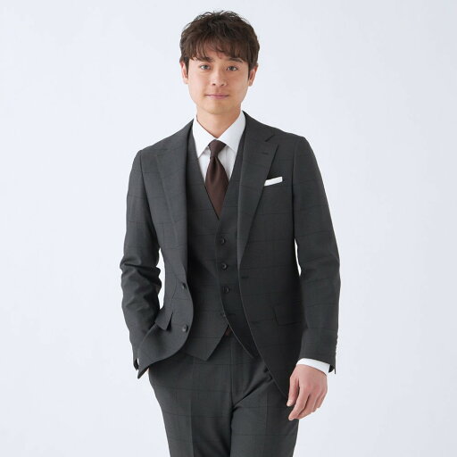 【春夏】2釦シングルスリーピーススーツ 1タック チェック ウインドーペン ※パンツ裾上げ済仕様/スーツセレクト(SUIT SELECT) 【春夏】2釦シングルスリーピーススーツ 1タック チェック ウインドーペン ※パンツ裾上げ済仕様/スーツセレクト(SUIT SELECT)
