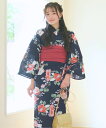 【簡単着付け】セパレート浴衣3点セット 藍夜の紅椿 (上衣 下衣 兵児帯)/リブルーム(Rebloom)