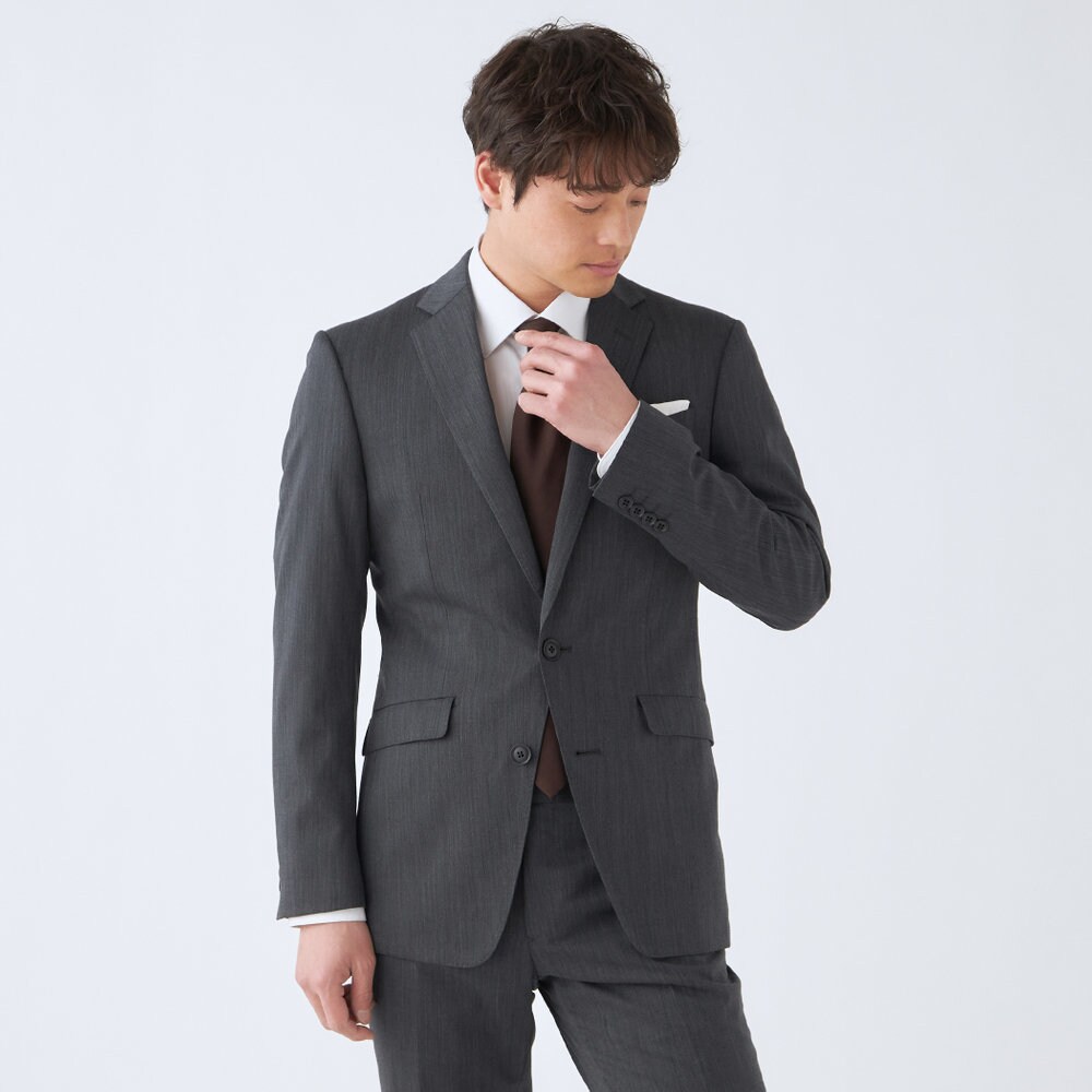 【オールシーズン】2釦ノータックスーツ グレー無地 ウエストムーブ ストレッチ／スーツセレクト（SUIT SELECT）