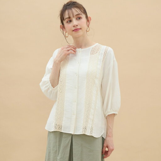 【洗える】【麻混】7分袖レース切り替えシャツ/アル・ディ・ラ(AL DI LA) 【洗える】【麻混】7分袖レース切り替えシャツ/アル・ディ・ラ(AL DI LA)