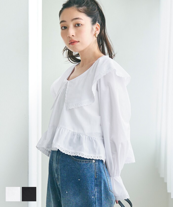 ビッグカラーレース付きギャザーブラウス 全2／コカ（coca）のサムネイル