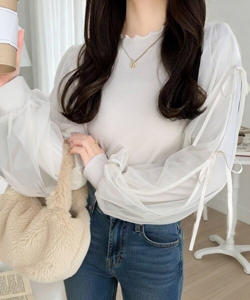 【mily bilet】大人可愛いふんわりスリーブ♪サイドスリットリボンチュール重ねニットソー／クラシカルエルフ（Classical Elf）