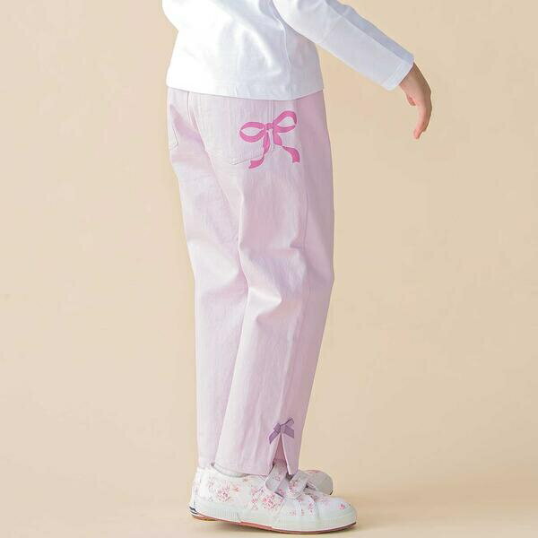 リボンプリントカラーデニムロングパンツ(95~150cm)／ベベ プチ ポワ ヴェール（BeBe Petits Pois Vert）