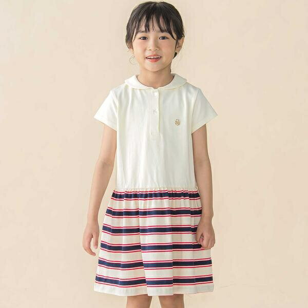 Short Sleeves - 【お揃い】天竺＋マルチボーダー半袖ワンピース(95~150cm)／ベベ プチ ポワ ヴェール（BeBe Petits Pois Vert）