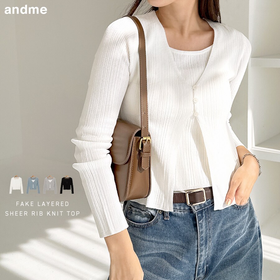 レイヤード風 シアー リブ ニット トップス／アンドミー（andme）