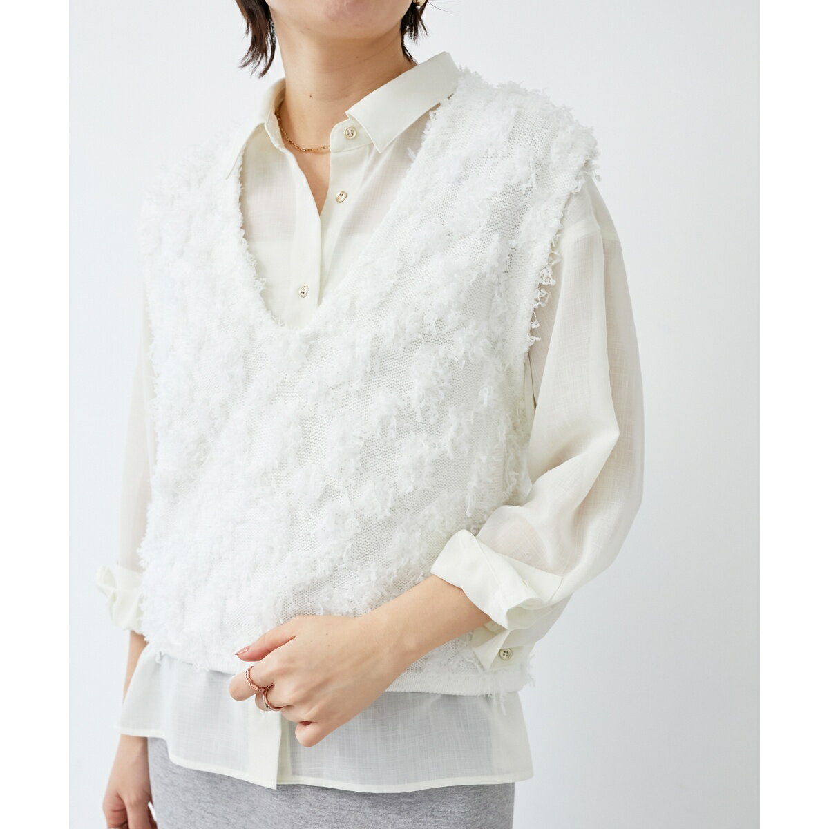 《手洗い可能》フリンジ編みVネックベスト／ルクールブラン（le.coeur blanc）