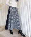 千鳥柄サテン切り替え ロゴ入り ウェストゴム Aラインフレアマキシ丈スカート/レジャ(Leja)