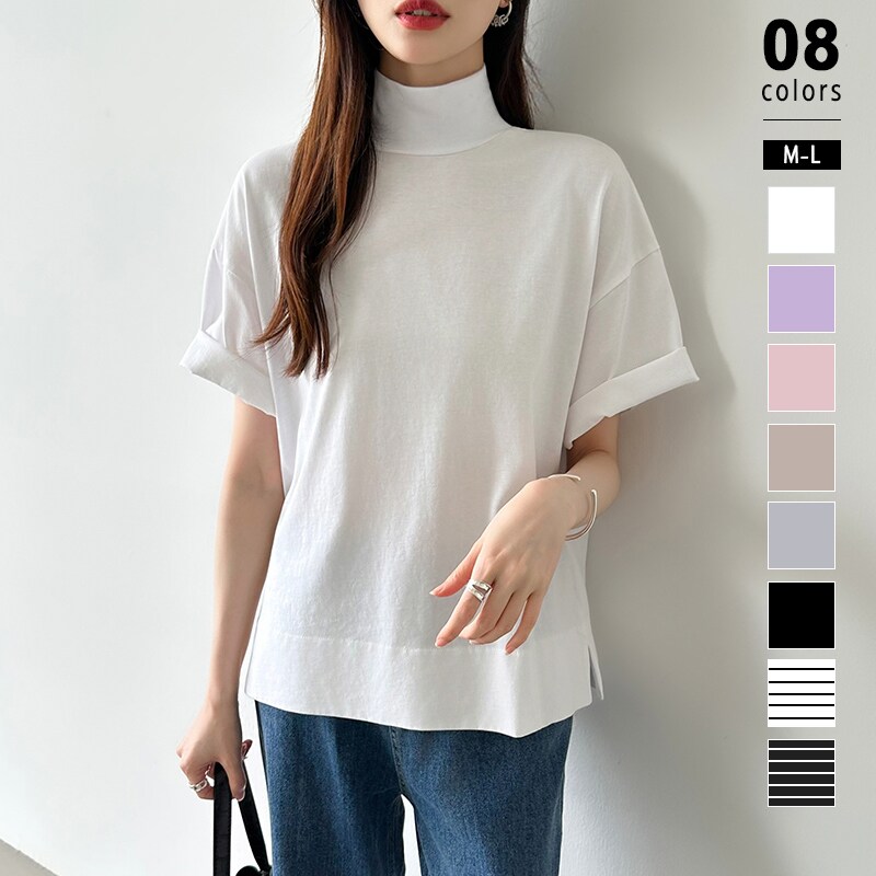 ハイネックTシャツ 半袖カットソー コットンT トップス レディース モックネック ...