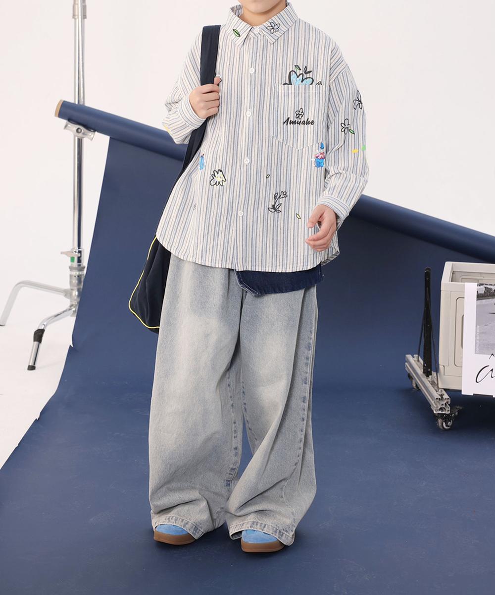 【aimoha-KIDS-】カラフル刺繍ストライプシャツ／アイモハ（aimoha）