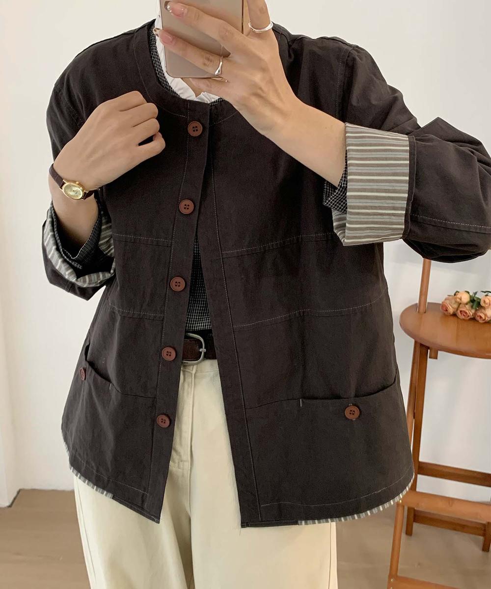 ストライプ袖口コットンカジュアルジャケット／アイモハ（aimoha）