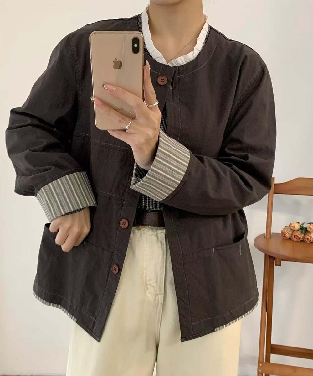 ストライプ袖口コットンカジュアルジャケット／アイモハ（aimoha）