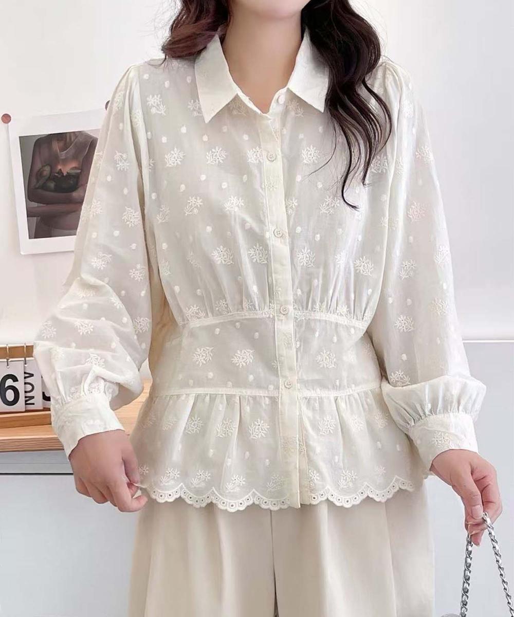 裾スカラップレース花柄シャツ／アイモハ（aimoha）