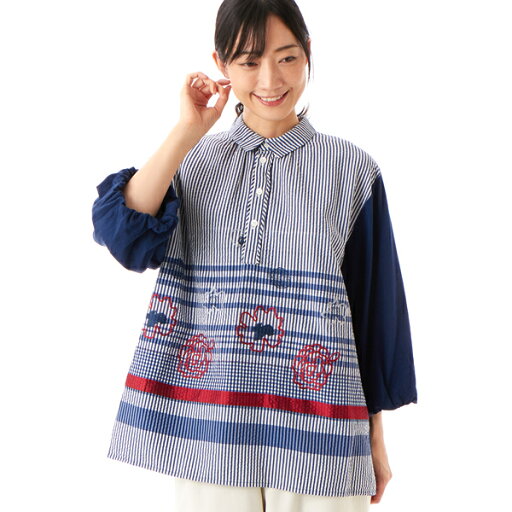 サッカーストライプアートジャカード×30/-天竺ブラウス/スーパーハッカ(SUPER HAKKA) サッカーストライプアートジャカード×30/-天竺ブラウス/スーパーハッカ(SUPER HAKKA)