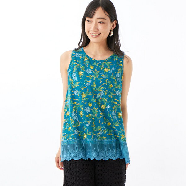 度甘天竺アンティークフラワードローイングプリント×チュールレースタンクトップ／スーパーハッカ（SUPER HAKKA）