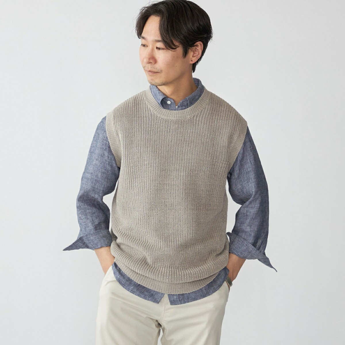 SHIPS: サンフェード リネン ニット ベスト／シップス（SHIPS）