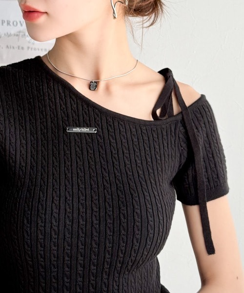 【mily bilet】高見えデザイン。ロゴプレート付き肩リボンケーブル柄サマーニット（半袖）／クラシカルエルフ（Classical Elf）のサムネイル