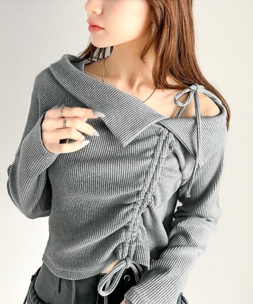【mily bilet】エレガント大人カジュアル。マルチウェイオフショル肩リボンギャザープルオーバー／クラシカルエルフ（Classical Elf）