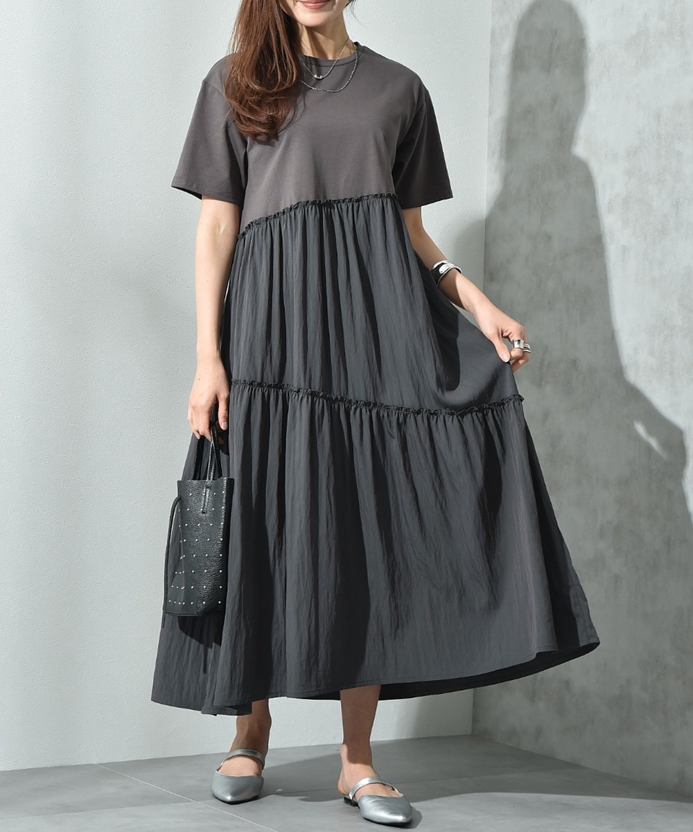 異素材使いティアードワンピース／