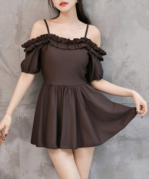 レディース水着 ギャザーフリルオフショルフレアワンピース+ハイウエストショーツ 上下2点セット／テディショップ（TeddyShop）