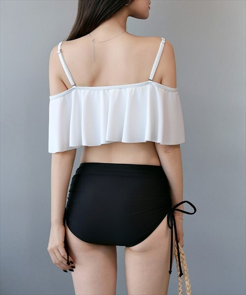 レディース水着 2wayオフショル風フレアバイカラー配色ハイウエストビキニ 上下2点セット／テディショップ（TeddyShop）