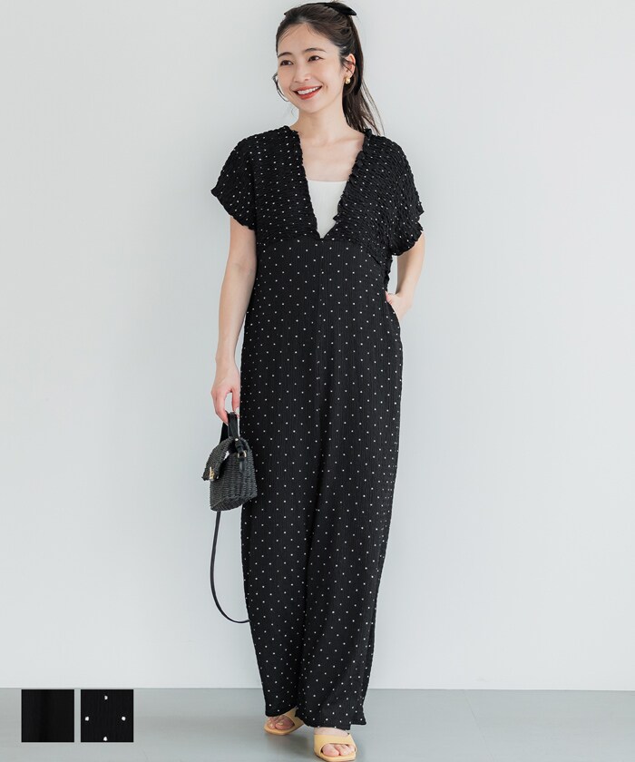 【シワが目立ちにくい】シボシャーリングVネックオールインワン 全2色／コカ（coca）のサムネイル