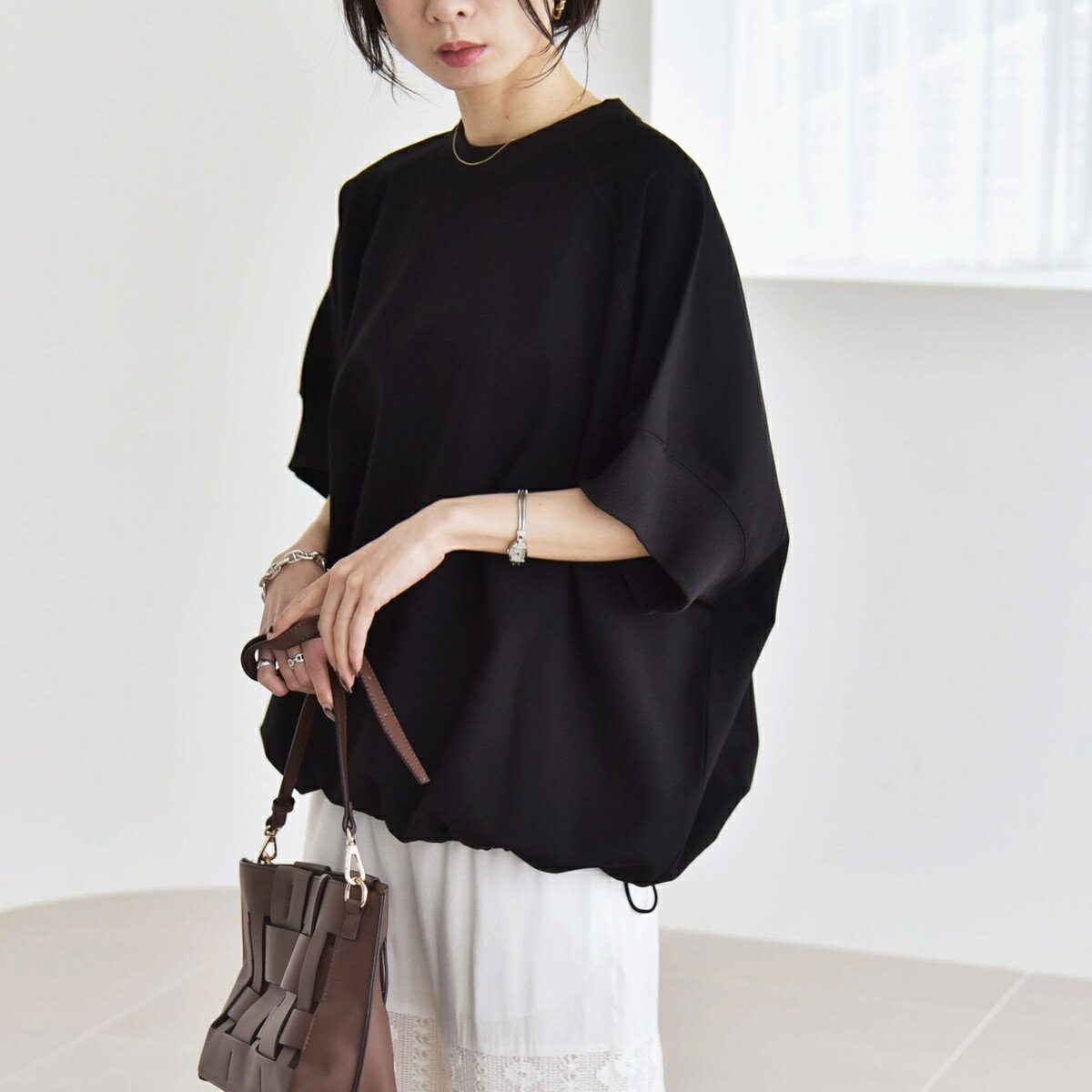 quaranciel:〈洗濯機可能〉ライト ポンチ ハーフスリーブ ドロスト ルーズ TEE／カランシエル（quaranc..