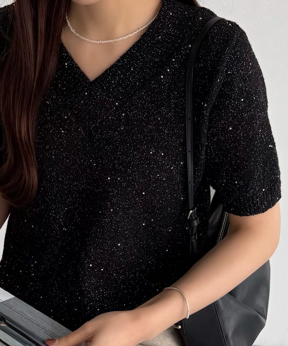 callautia Vネックショート丈半袖ニット／カラウティア（callautia）