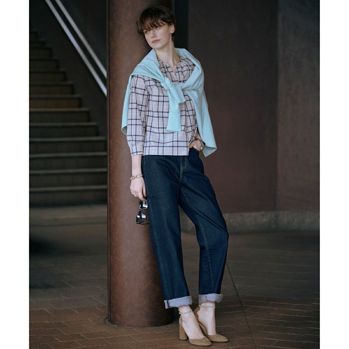 【洗える】コンパクトチェック スタンドカラー ブラウス／Jプレス（J.PRESS）