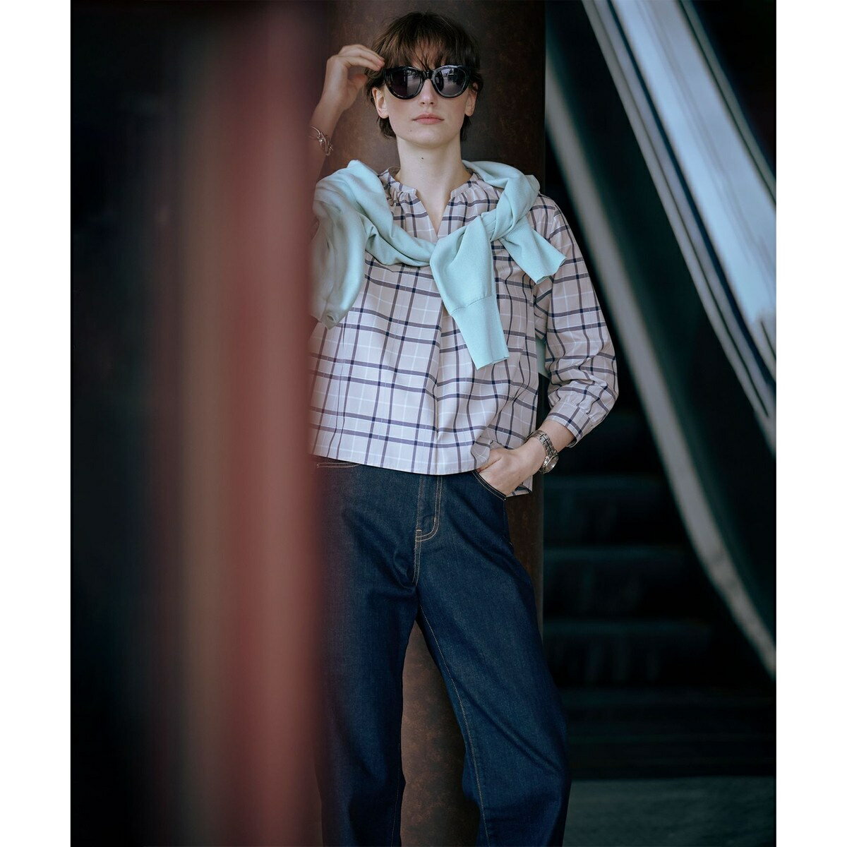 【洗える】コンパクトチェック スタンドカラー ブラウス／Jプレス（J.PRESS）