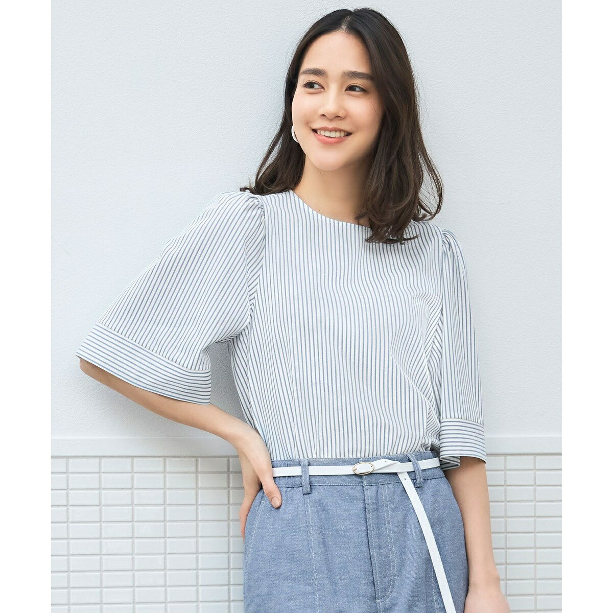 【接触冷感・UVカット・洗える】ストライプコットンハイゲージフォルムスリーブ カットソー／自由区（JIYU-KU）