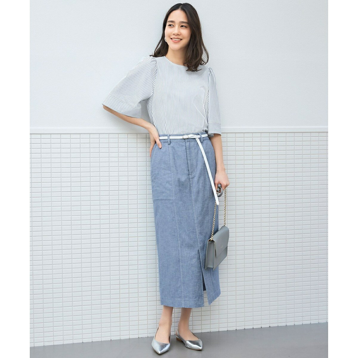 【接触冷感・UVカット・洗える】ストライプコットンハイゲージフォルムスリーブ カットソー／自由区（JIYU-KU）