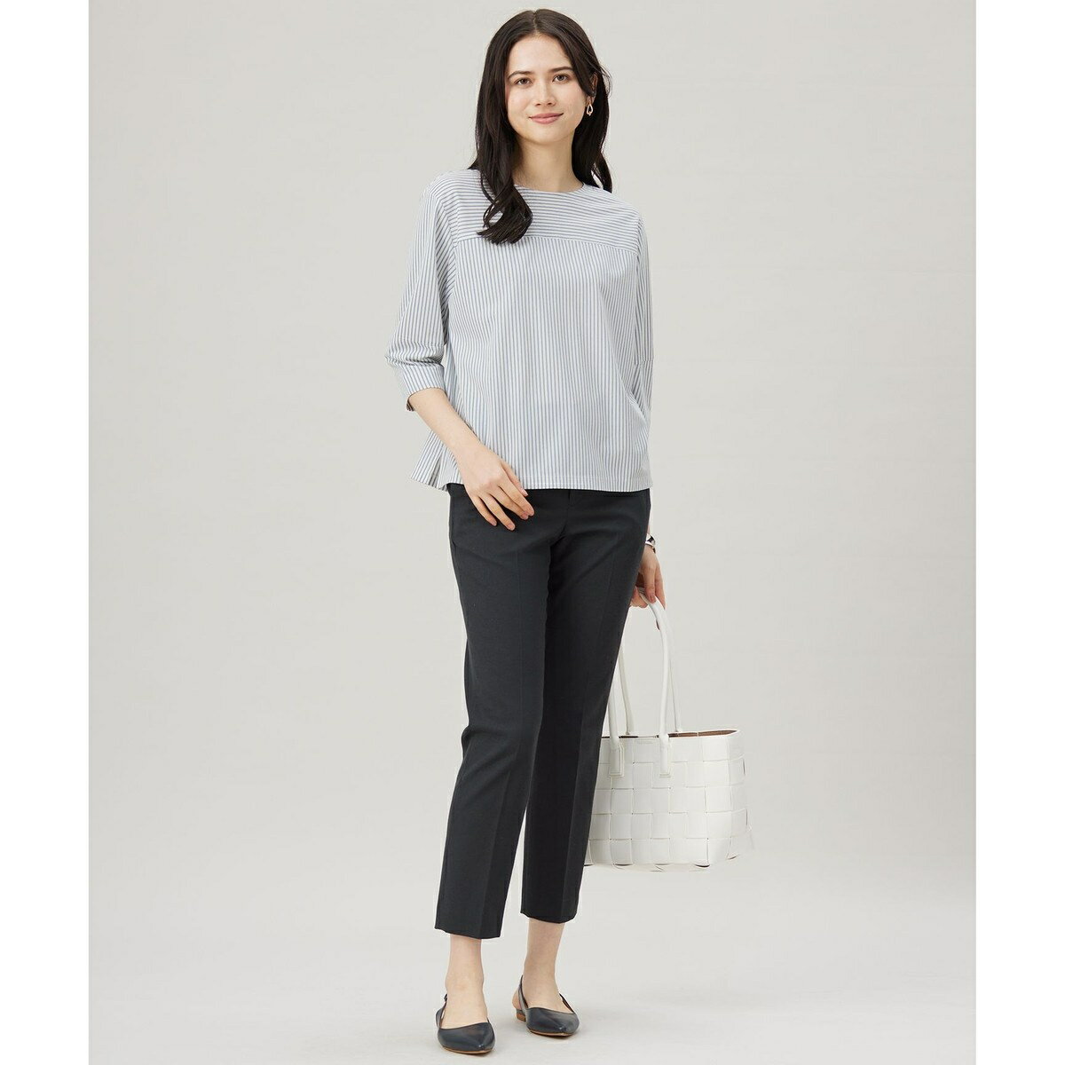 【接触冷感・UVカット・洗える】ストライプコットンハイゲージフォルムスリーブ カットソー／自由区（JIYU-KU）