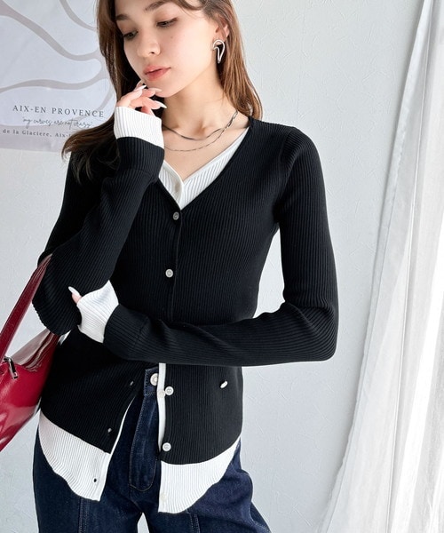 【mily bilet】洗練されたレイヤードスタイル。チョーカー紐付きレイヤード風Vネックカーデ／クラシカ..