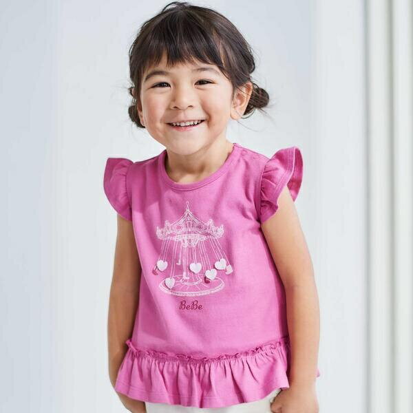 遊園地ハートモチーフ裾フリル天竺Tシャツ(80~90cm)／ベベ（BeBe）