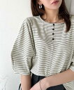 華奢見えを叶える!前後2wayランタンスリーブミニボーダートップス(5分袖)/クラシカルエルフ(Classical Elf)