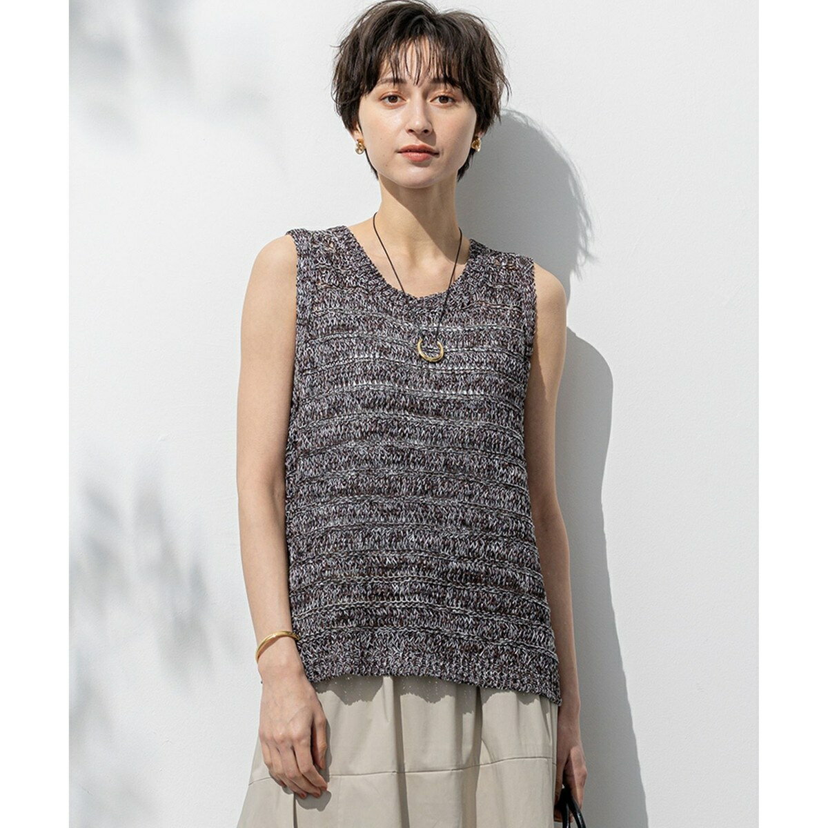 【洗える】テープミックススカシ ノースリーブ ニット／23区（23KU）