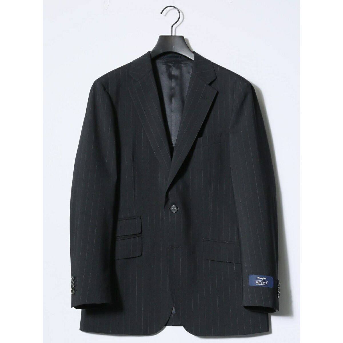 【マルゾット ウール混】スーティスト 2ボタン3ピース ビジネスセットアップスーツ ストライプ黒／タカキュー（TAKA-Q）