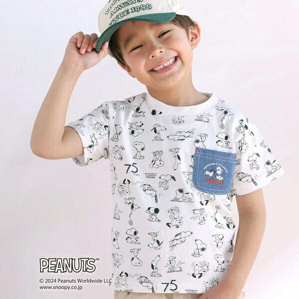 【PEANUTS×SLAP SLIP】75周年スヌーピーいっぱいポケット付き総柄Tシャツ(80~13／...