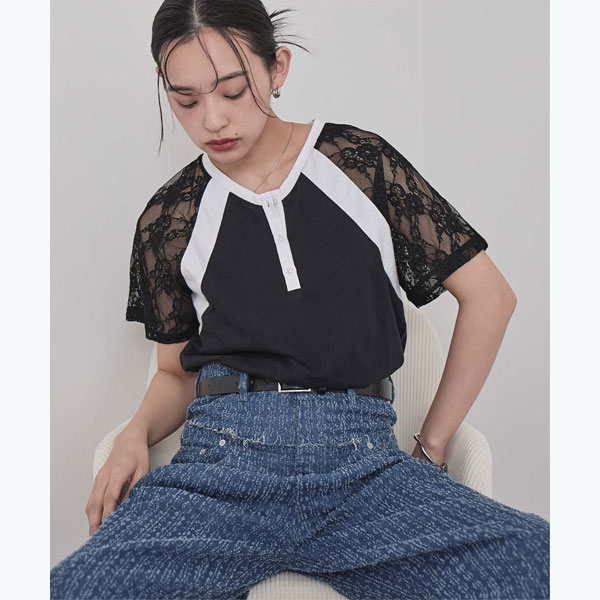 レースラグランスリーブVネックTシャツ／ミエット（miette）
