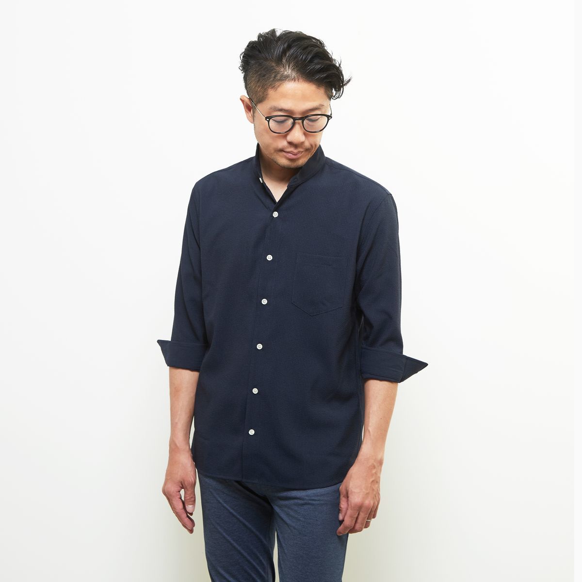 サッカーストライプワンピースカラー7分袖シャツ／メンズメルローズ（MEN'S MELROSE）