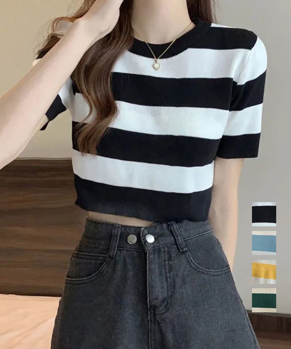 サマーニット ボーダー柄 半袖ニットソー／ミニミニストア（miniministore）