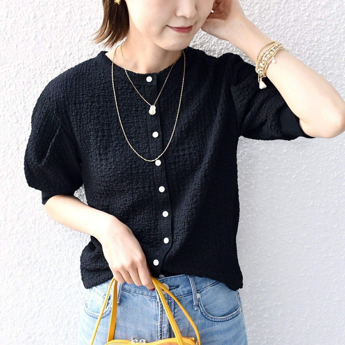 【WEB限定】〈手洗い可能〉バンピー シャーリング 5分袖 カーディガン／シップス（SHIPS）