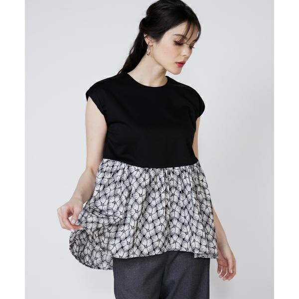 《大きいサイズ》刺繍レースドッキングカットソー／マーリエ ル カセット（Maglie le cassetto）