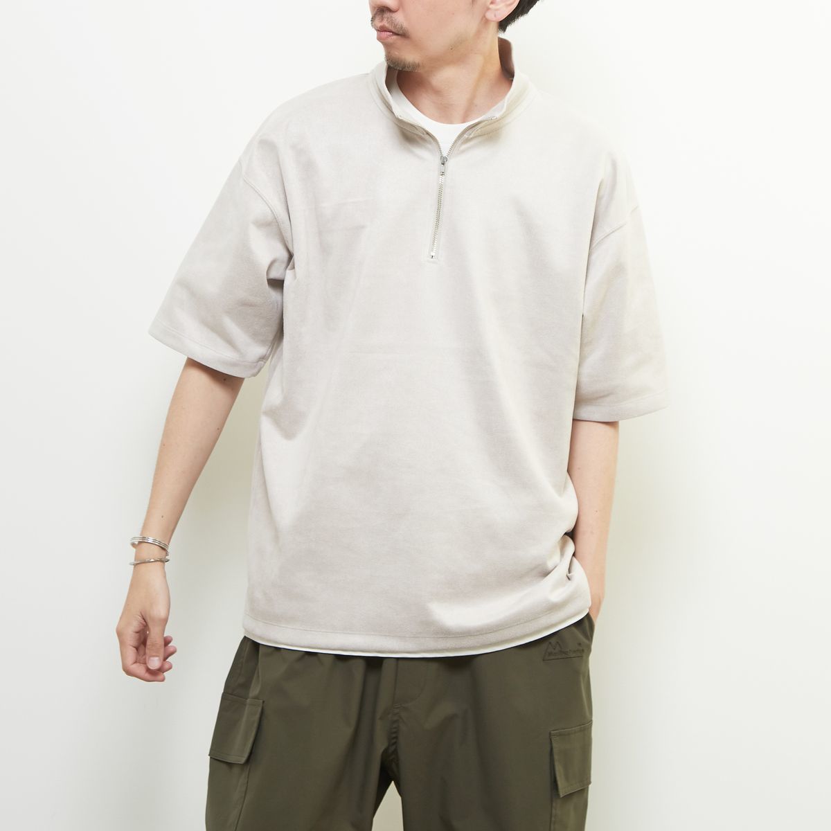 フェイクスエード ZIPスタンドTシャツ／メンズメルローズ（MEN'S MELROSE）