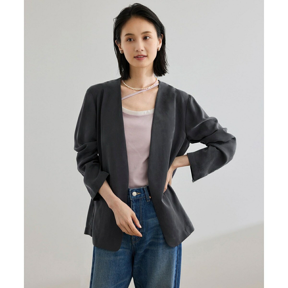 【WEB・一部店舗限定】フィブリルサテンノーカラージャケット【セットアップ対応】/洗える／ロペ（RO