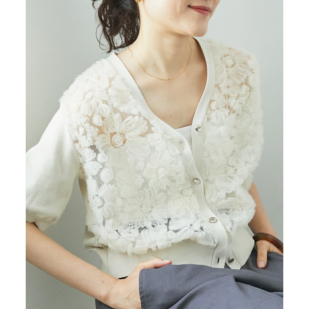 チュール刺繍ハーフスリーブカーディガン／ルクールブラン（le.coeur blanc）