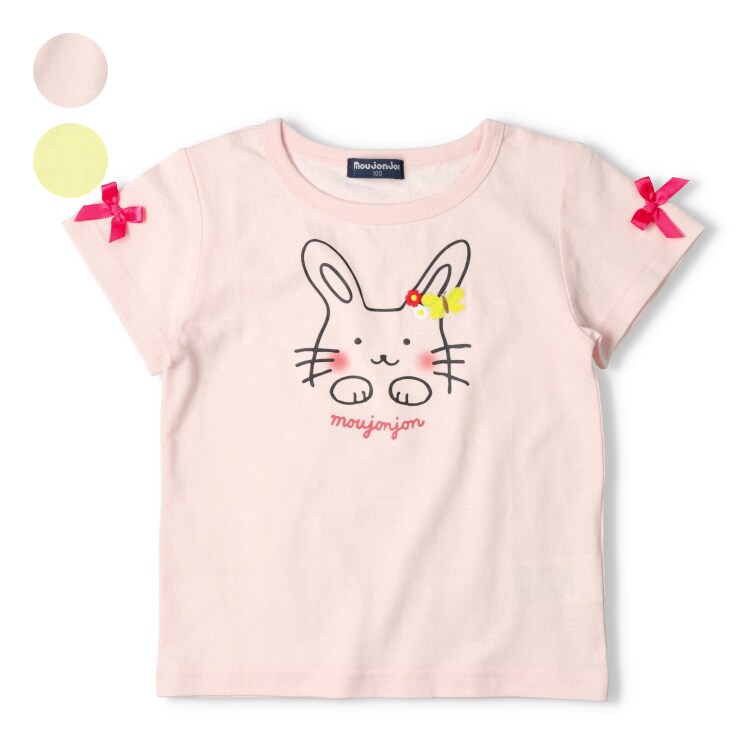うさぎ・ねこプリント袖リボン付き半袖Tシャツ／ムージョンジョン（moujonjon）