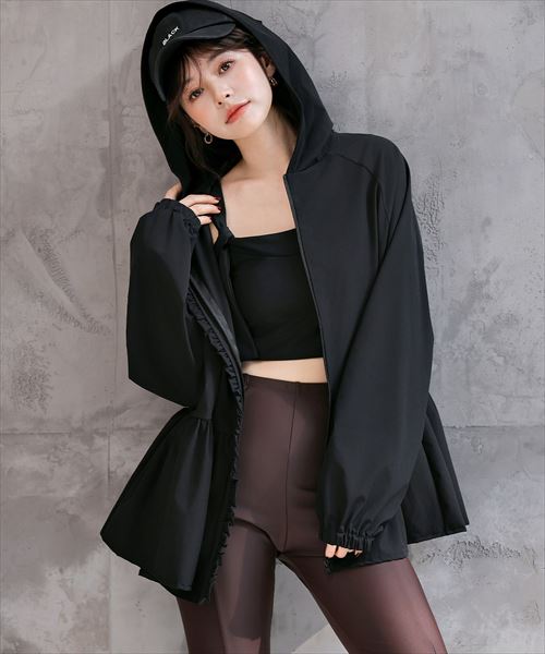 レディース水着 【紫外線遮蔽率 99%以上】長ぽわん袖フード付きフリルラッシュガードトップス／テディショップ（TeddyShop）