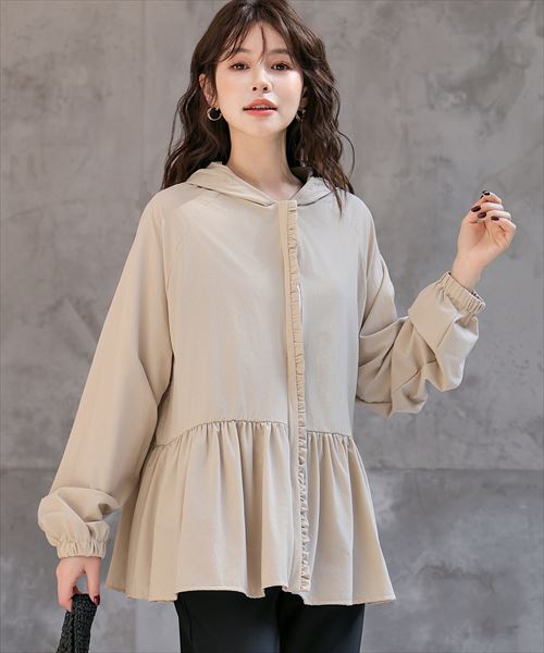 レディース水着 【紫外線遮蔽率 99%以上】長ぽわん袖フード付きフリルラッシュガードトップス／テディショップ（TeddyShop）