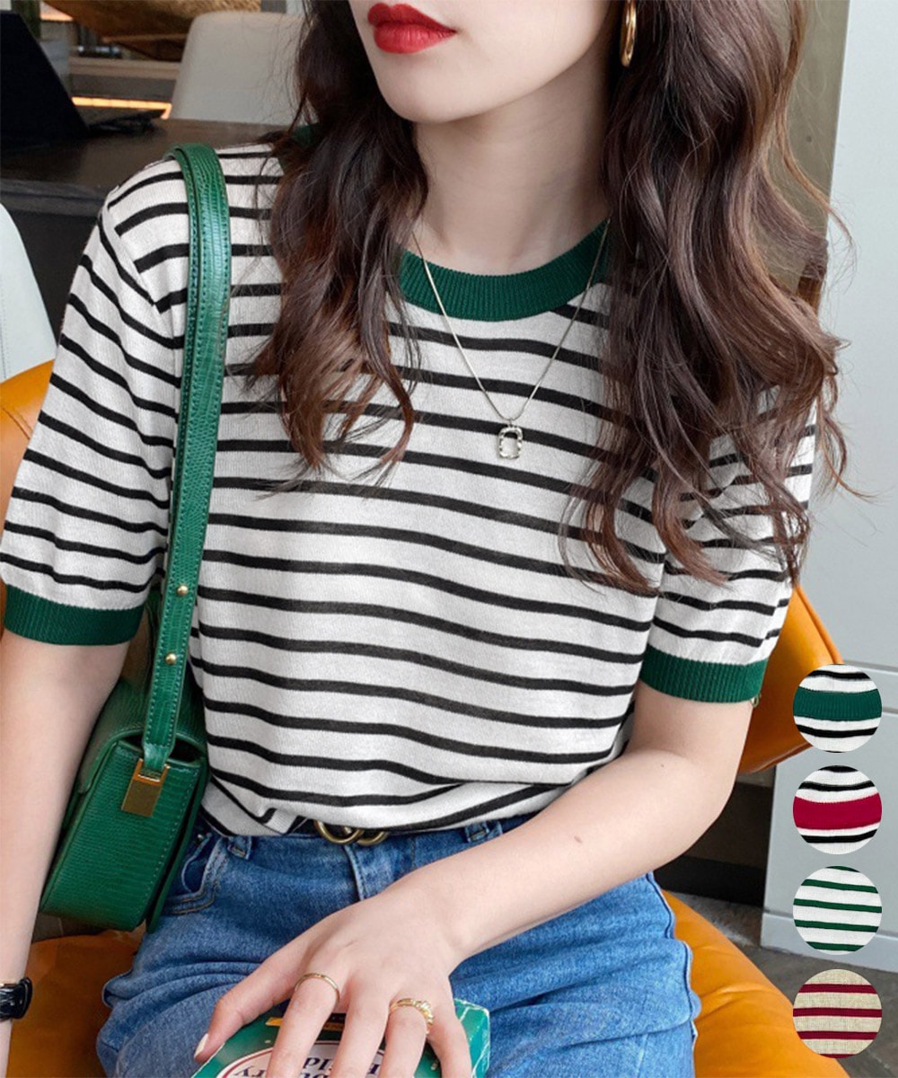 ボーダーニットトップス 半袖 レディース／ミニミニストア（miniministore）